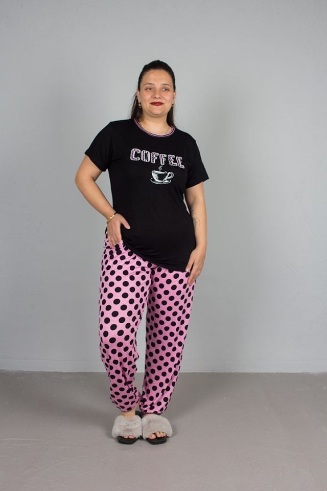 Büyük Beden Alt Puantiyeli Coffee Baskılı Pijama Takım