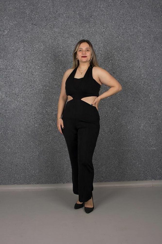 Büyük Beden Candy Kumaş Sırt Dekolteli Tarz Tulum Siyah T176