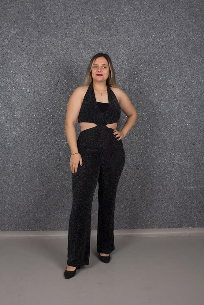 Büyük Beden Sırt Dekolteli Tarz Simli Tulum Siyah T179