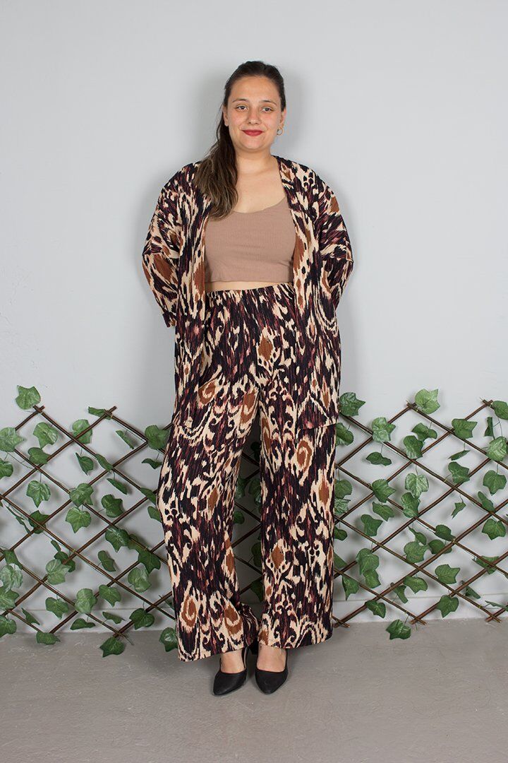 Büyük Beden Kahverengi Desenli Kimono Pantolon Takım