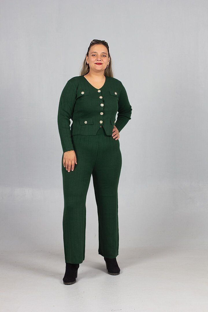 Kadın Giyim Triko Şıklığıyla Tamamlanan Yelek Pantolon Yeşil Takım