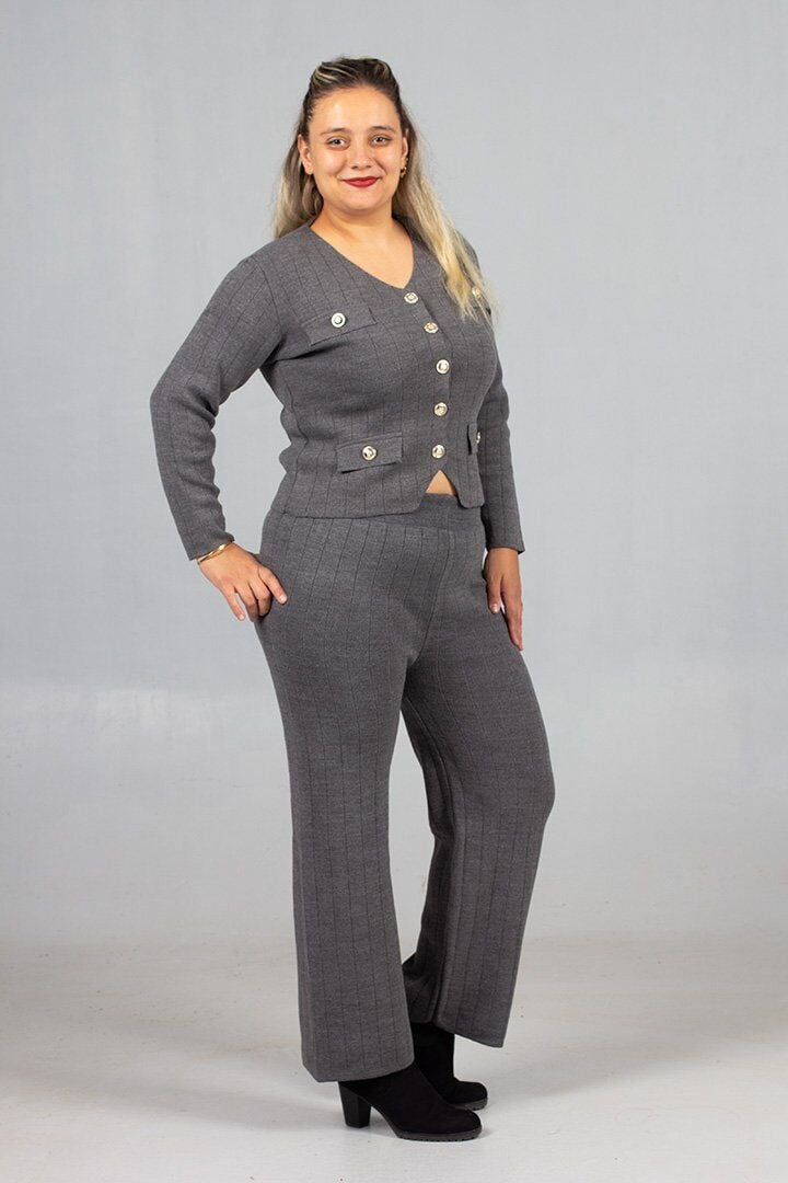 Kadın Giyim Standart Triko Şıklığıyla Tamamlanan Yelek Pantolon Gri Takım