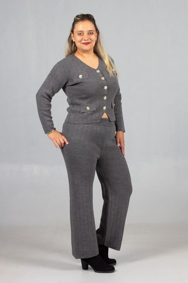 Kadın Giyim Standart Triko Şıklığıyla Tamamlanan Yelek Pantolon Gri Takım