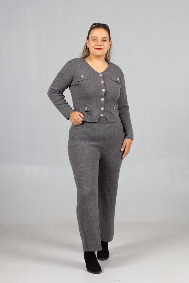 Kadın Giyim Standart Triko Şıklığıyla Tamamlanan Yelek Pantolon Gri Takım