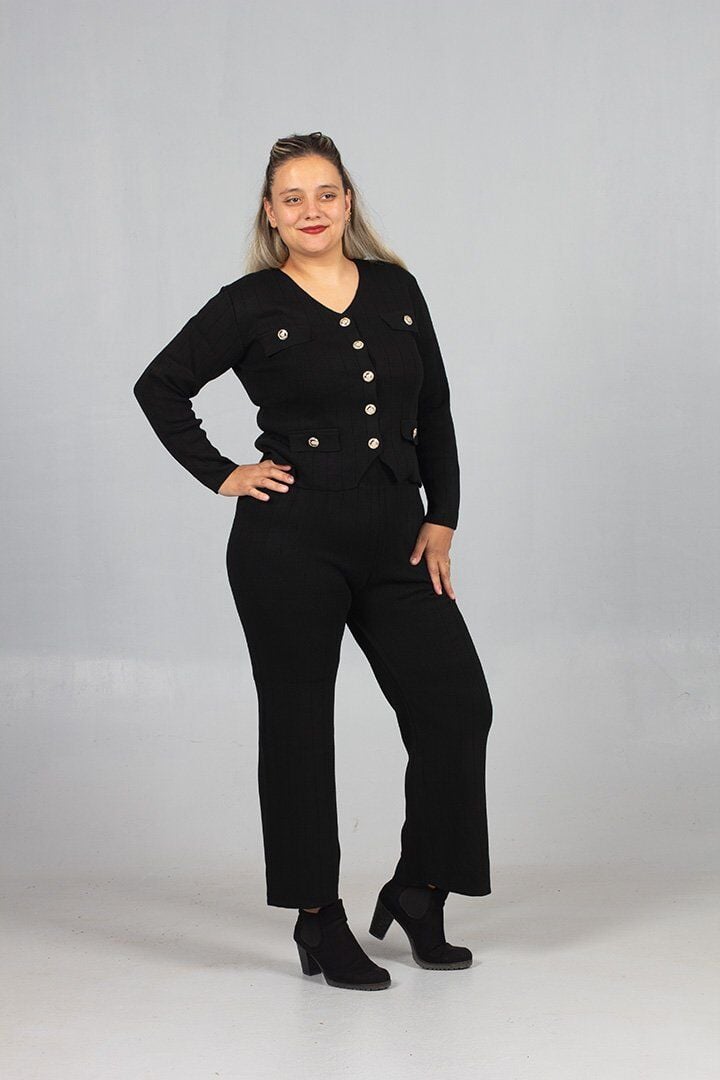 Kadın Giyim Triko Şıklığıyla Tamamlanan Siyah Yelek Pantolon Takım