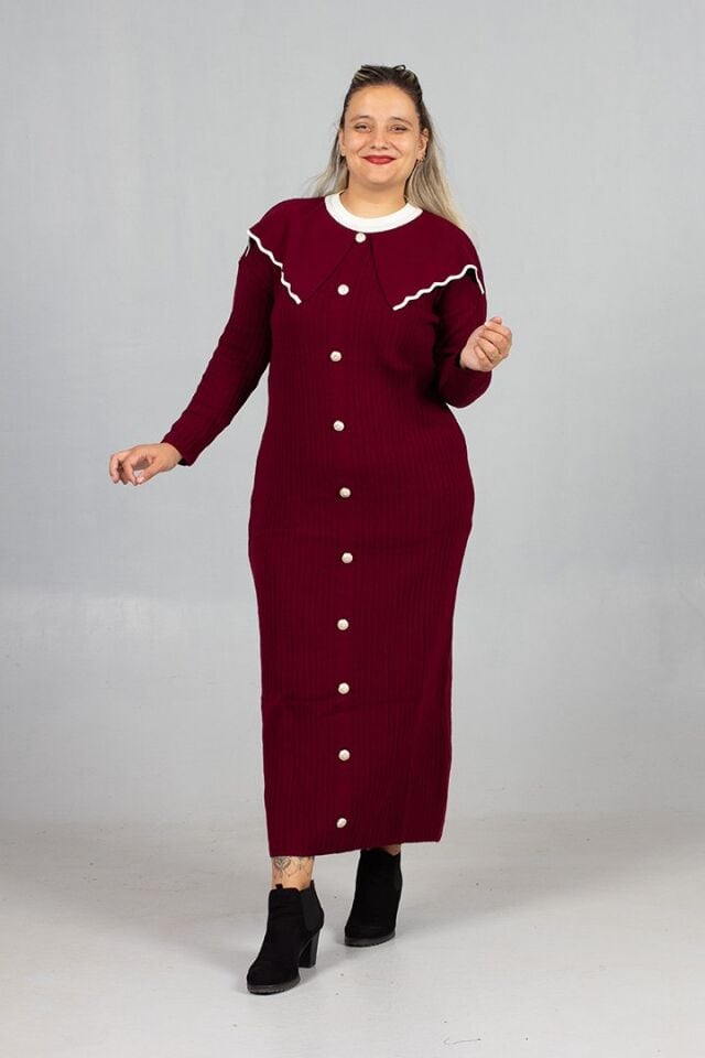 Bebe Yaka Triko Elbise Şık ve Rahat Büyük Beden Bordo Triko Elbise
