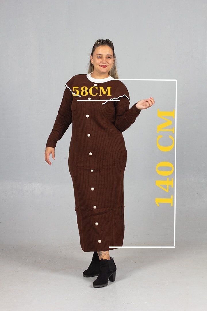 Bebe Yaka Triko Elbise Şık ve Rahat Büyük Beden Kahverengi Triko Elbise