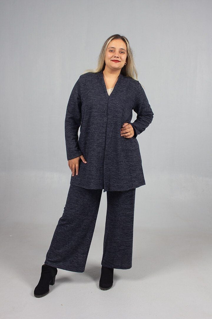Pamuklu Yün Viskon Büyük Beden Pantolon Hırka Takım Lacivert