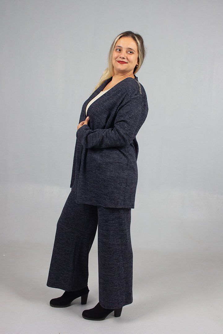 Pamuklu Yün Viskon Büyük Beden Pantolon Hırka Takım Lacivert