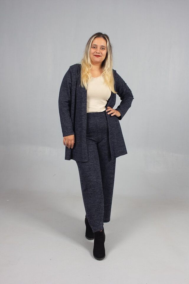 Pamuklu Yün Viskon Büyük Beden Pantolon Hırka Takım Lacivert