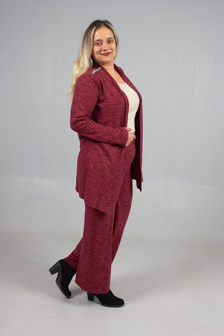 Pamuklu Yün Viskon Büyük Beden Pantolon Hırka Takım Bordo