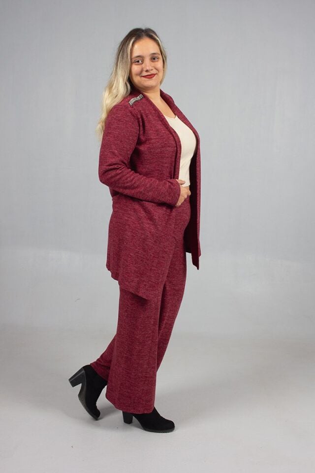 Pamuklu Yün Viskon Büyük Beden Pantolon Hırka Takım Bordo
