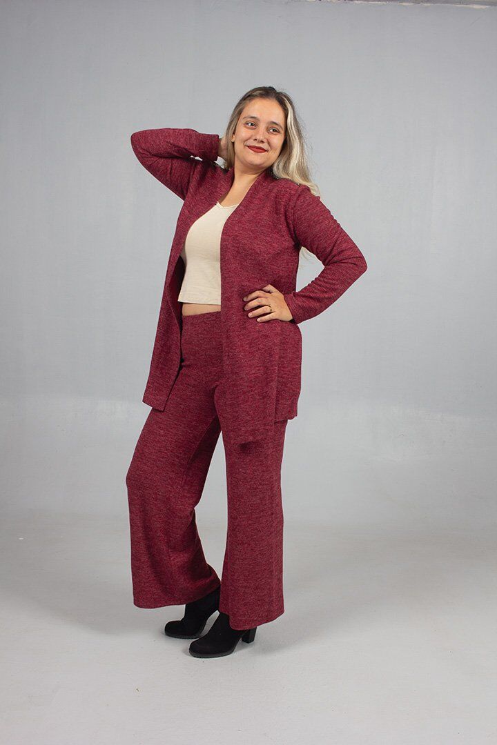 Pamuklu Yün Viskon Büyük Beden Pantolon Hırka Takım Bordo