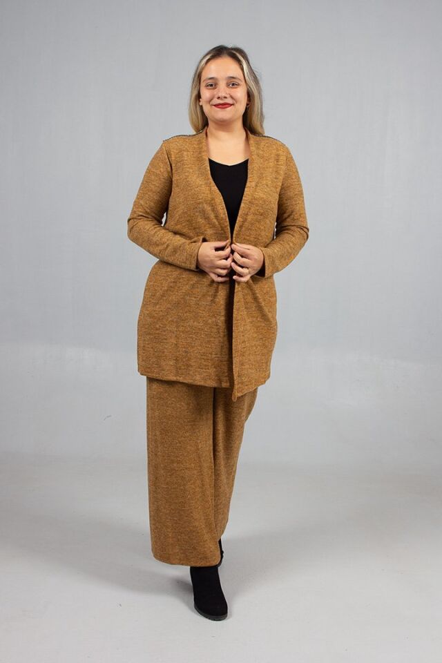 Pamuklu Yün Viskon Büyük Beden Pantolon Hırka Takım Hardal