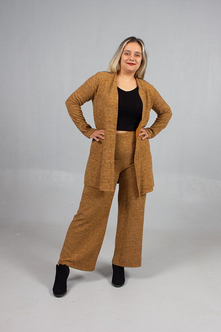 Pamuklu Yün Viskon Büyük Beden Pantolon Hırka Takım Hardal