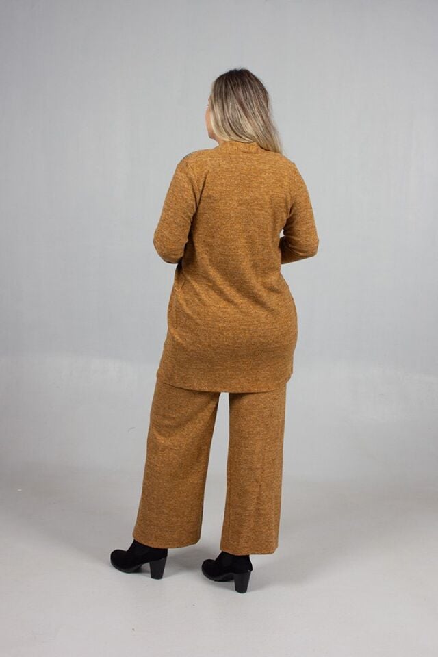 Pamuklu Yün Viskon Büyük Beden Pantolon Hırka Takım Hardal