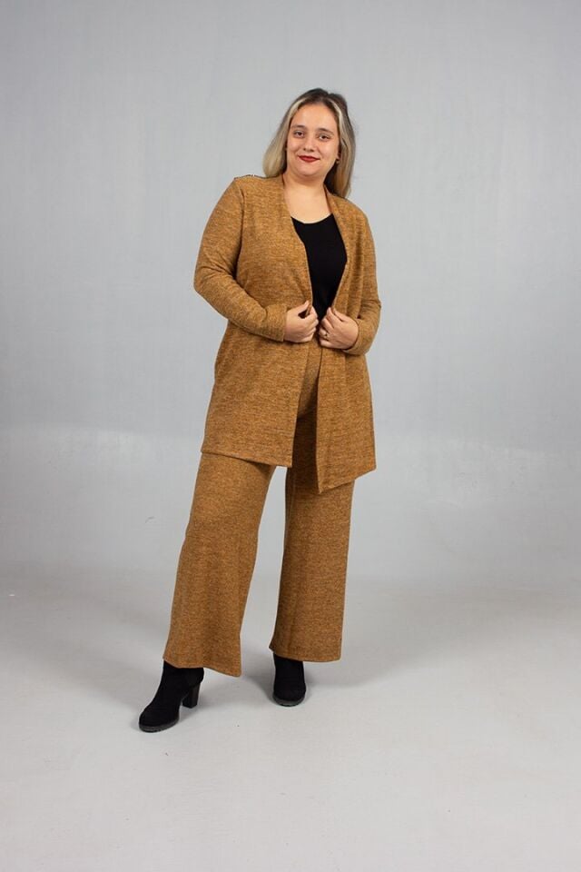 Pamuklu Yün Viskon Büyük Beden Pantolon Hırka Takım Hardal