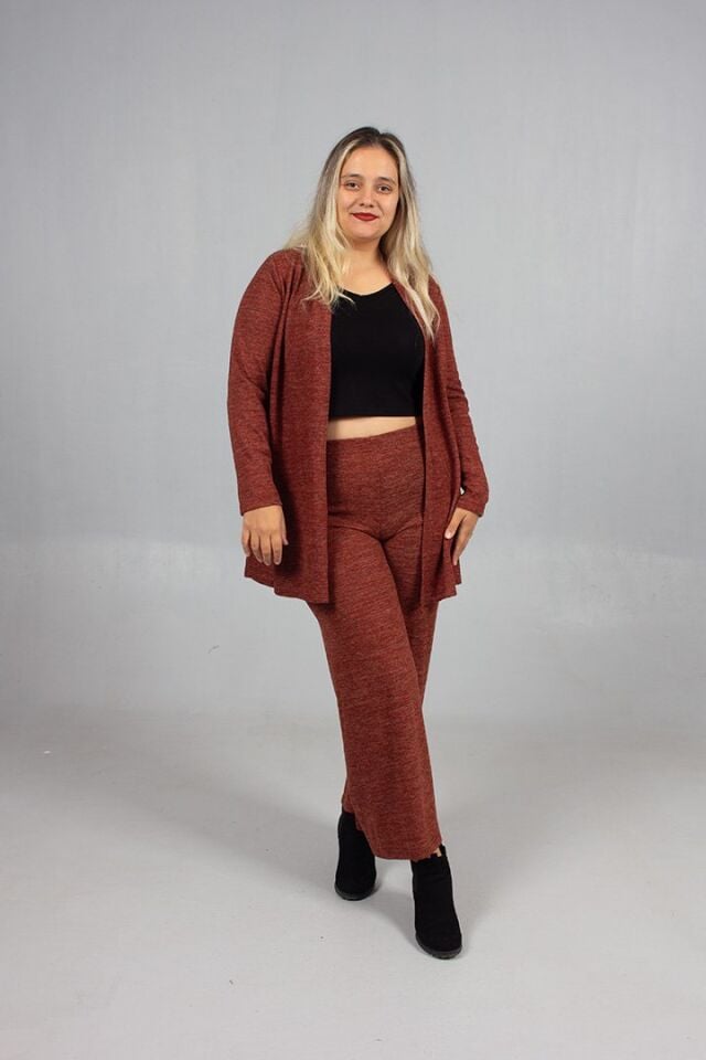 Pamuklu Yün Viskon Büyük Beden Pantolon Hırka Takım Kiremit