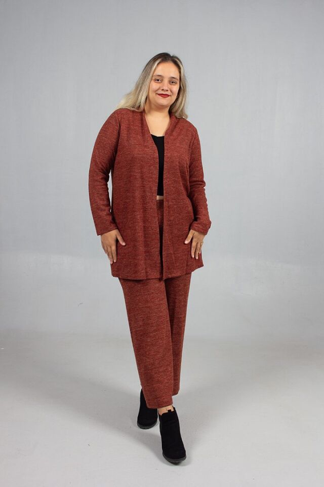 Pamuklu Yün Viskon Büyük Beden Pantolon Hırka Takım Kiremit
