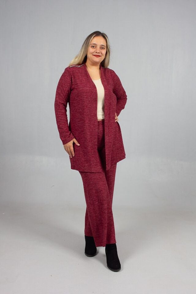 Pamuklu Yün Viskon Büyük Beden Pantolon Hırka Takım Kiremit