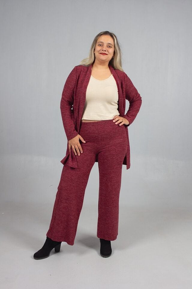 Pamuklu Yün Viskon Büyük Beden Pantolon Hırka Takım Kiremit