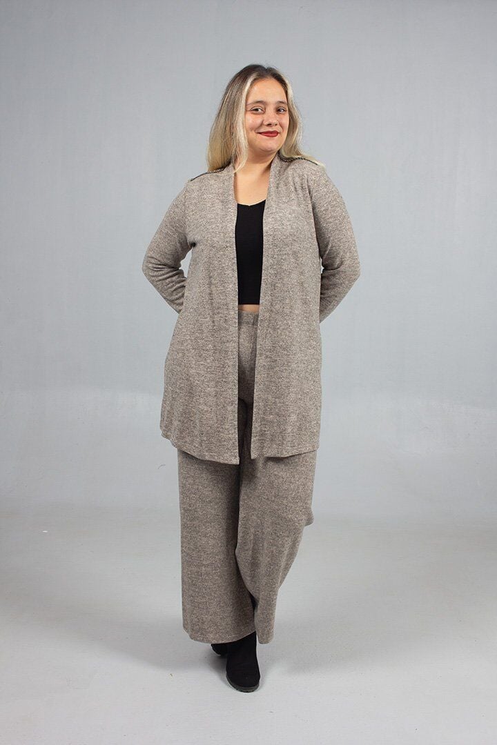 Pamuklu Yün Viskon Büyük Beden Pantolon Hırka Takım Krem