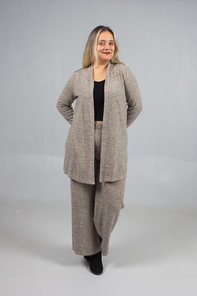 Pamuklu Yün Viskon Büyük Beden Pantolon Hırka Takım Krem