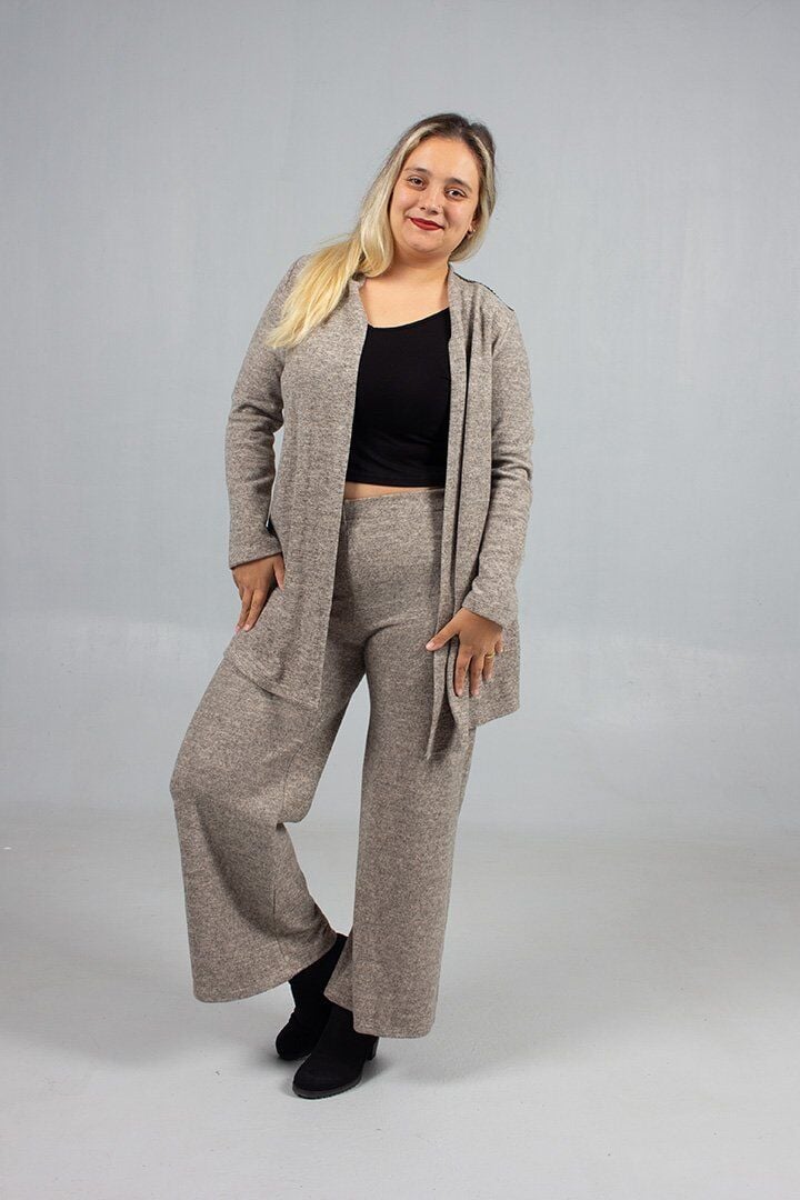 Pamuklu Yün Viskon Büyük Beden Pantolon Hırka Takım Krem