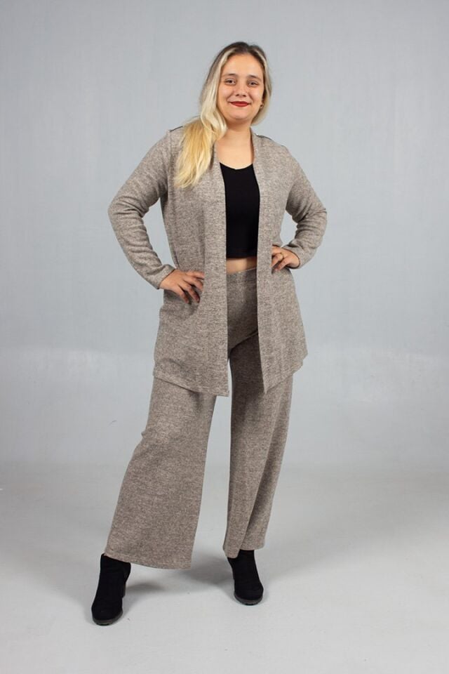 Pamuklu Yün Viskon Büyük Beden Pantolon Hırka Takım Krem