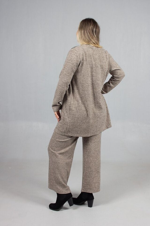 Pamuklu Yün Viskon Büyük Beden Pantolon Hırka Takım Krem