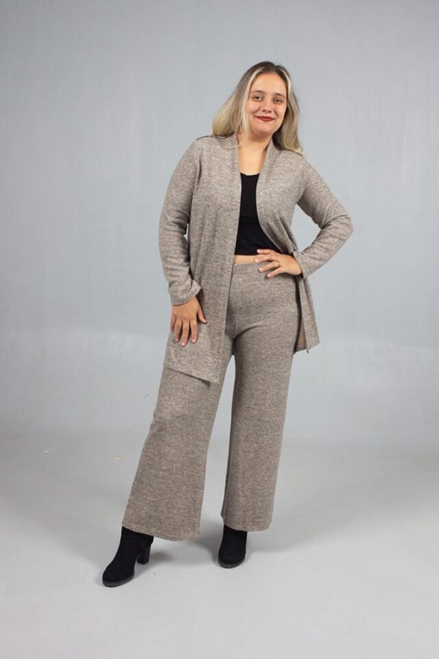 Pamuklu Yün Viskon Büyük Beden Pantolon Hırka Takım Krem