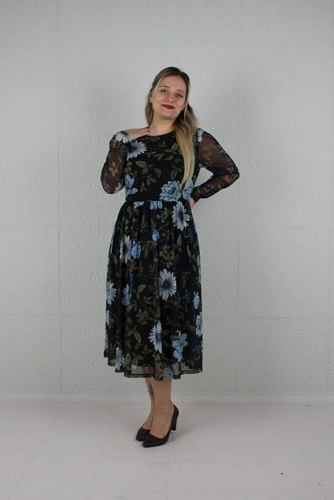 Büyük Beden Kadın Giyim Tül Içi Astarlı Elbise Desenli E608