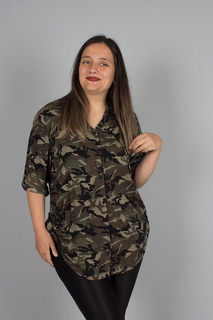 Büyük Beden Kadın Giyim Kamuflaj Desenli Gömlek