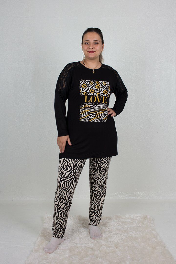 Büyük Beden Omuz Detaylı alt Zebra Desen Pijama Takım