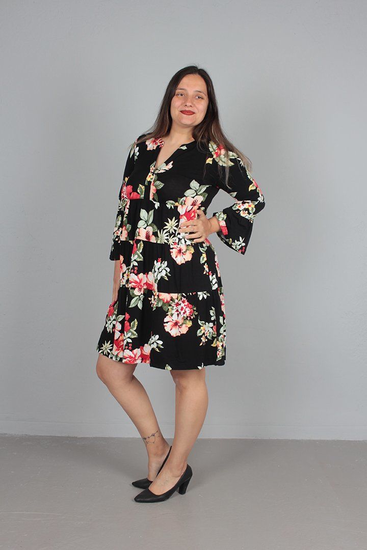 Büyük Beden Kol Volanlı Çiçek Desenli Elbise