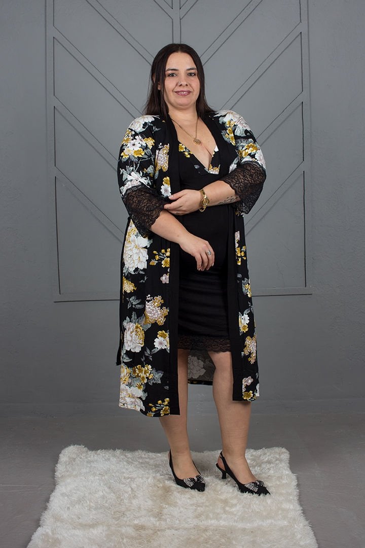 Büyük Beden Çiçek Desenli Sabahlıklı Gecelik Siyah