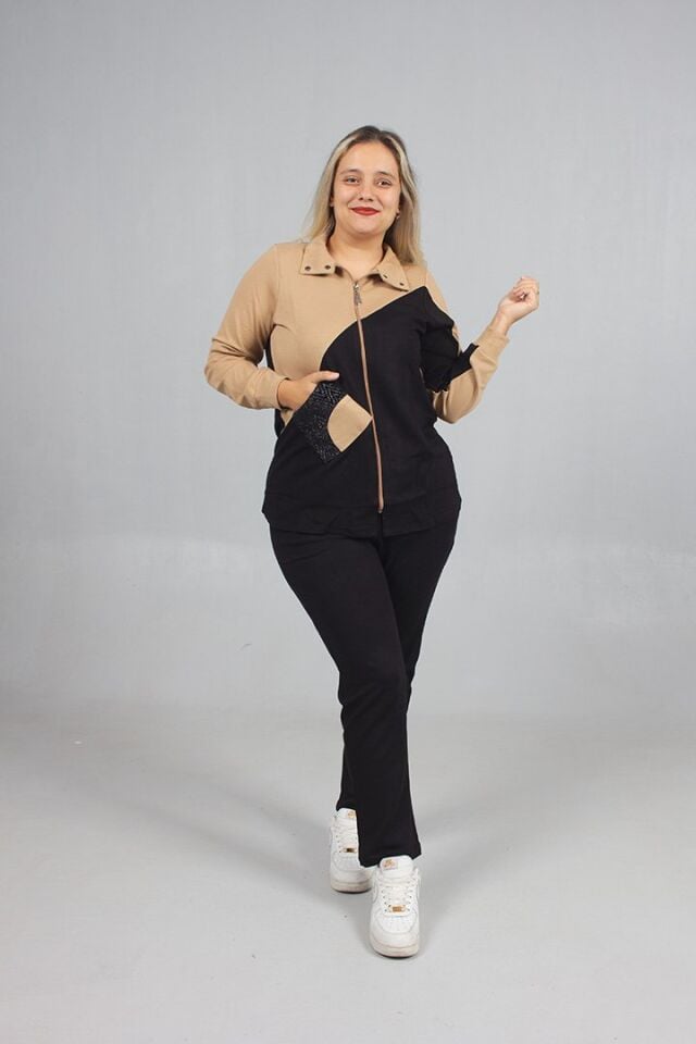 Taş Detaylı Şıklık! Büyük Beden Siyah Kahve Eşofman Takımı