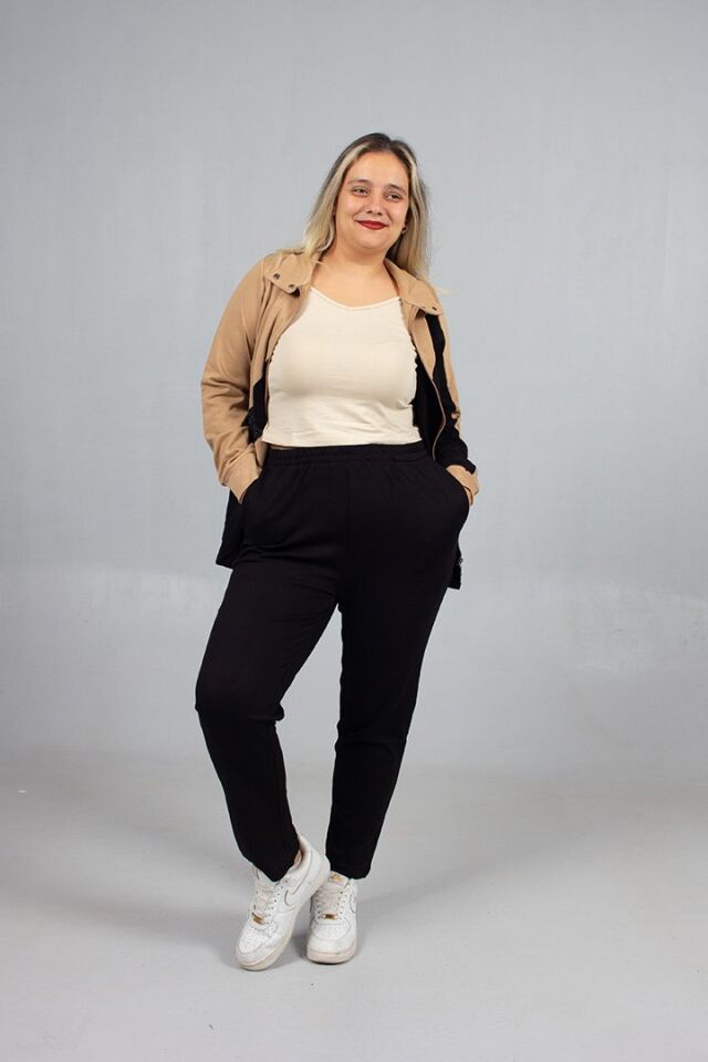 Taş Detaylı Şıklık! Büyük Beden Siyah Kahve Eşofman Takımı