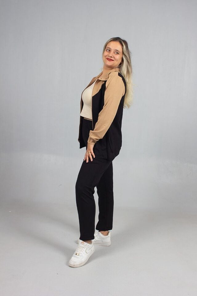 Taş Detaylı Şıklık! Büyük Beden Siyah Kahve Eşofman Takımı