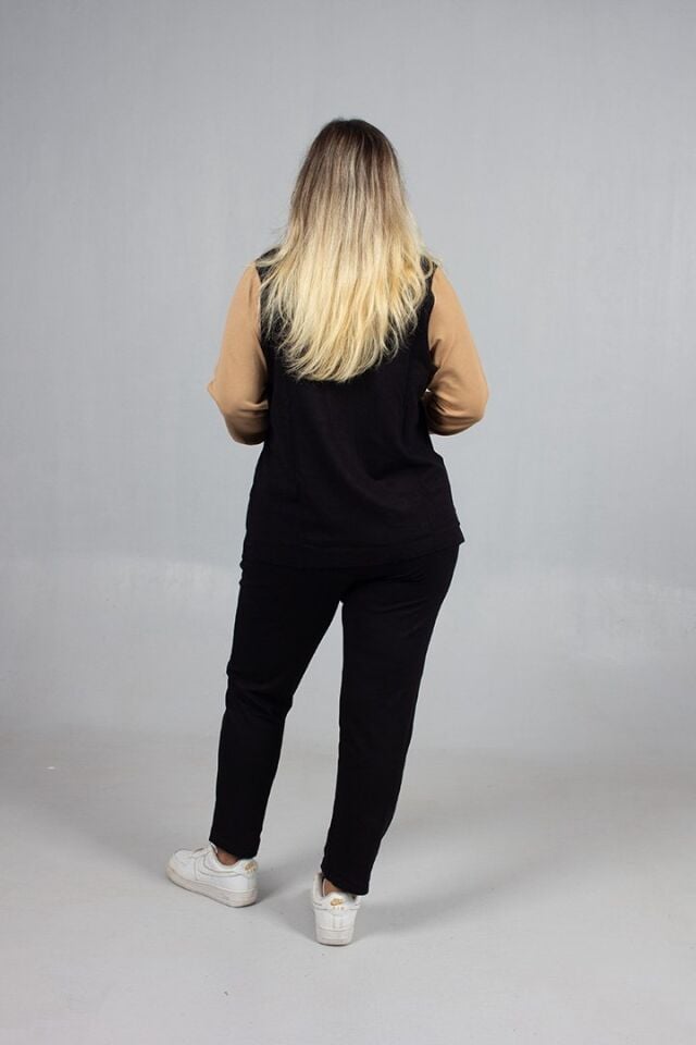 Taş Detaylı Şıklık! Büyük Beden Siyah Kahve Eşofman Takımı