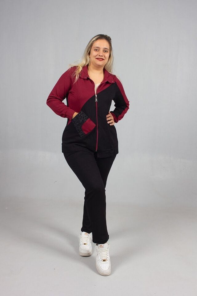 Taş Detaylı Şıklık! Büyük Beden Eşofman Takımı Siyah & Bordo