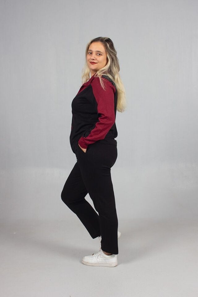 Taş Detaylı Şıklık! Büyük Beden Eşofman Takımı Siyah & Bordo