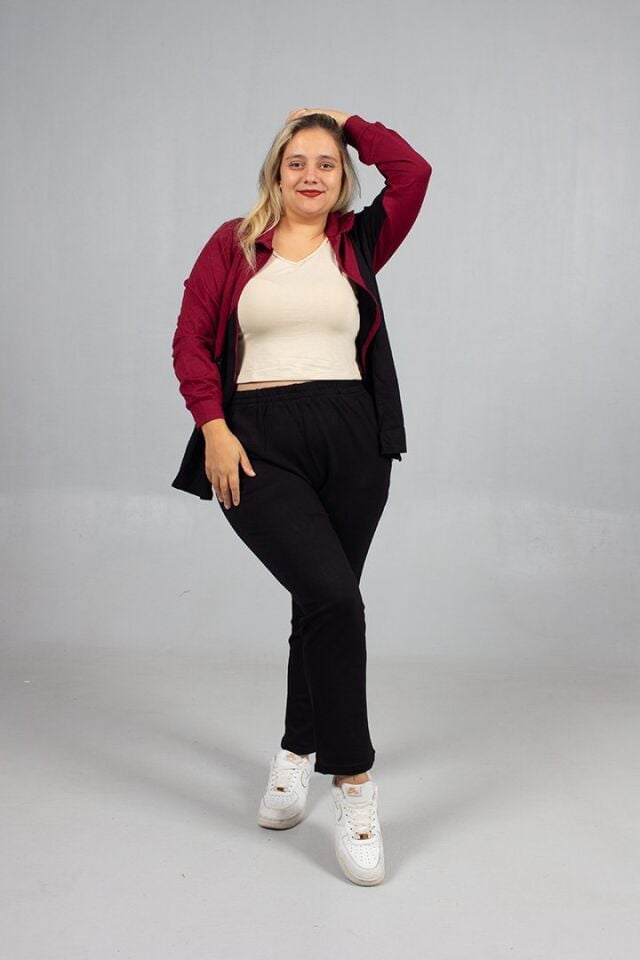 Taş Detaylı Şıklık! Büyük Beden Eşofman Takımı Siyah & Bordo