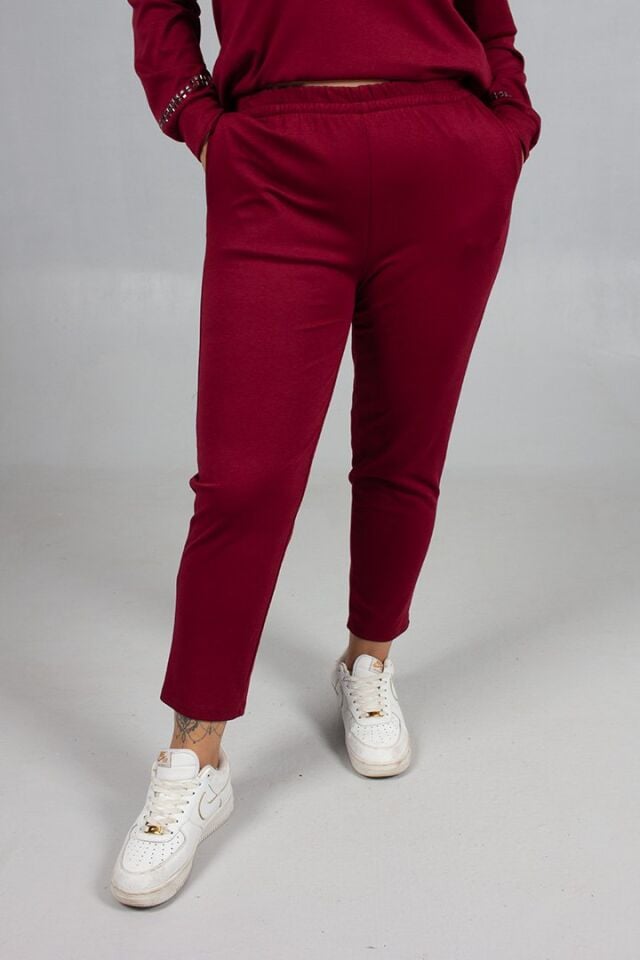 Bordo Taş Işıltılı Kapşonlu Büyük Beden Eşofman Takımı