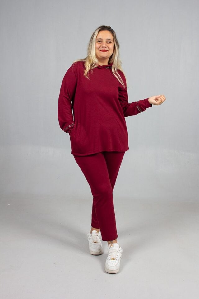 Bordo Taş Işıltılı Kapşonlu Büyük Beden Eşofman Takımı