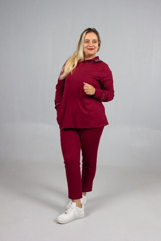 Bordo Taş Işıltılı Kapşonlu Büyük Beden Eşofman Takımı