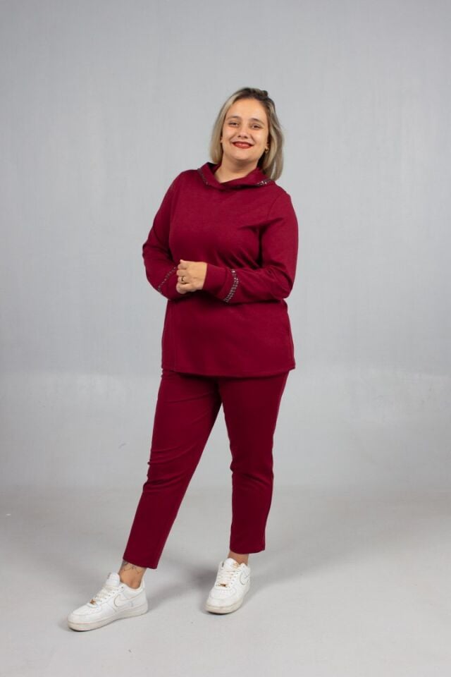Bordo Taş Işıltılı Kapşonlu Büyük Beden Eşofman Takımı