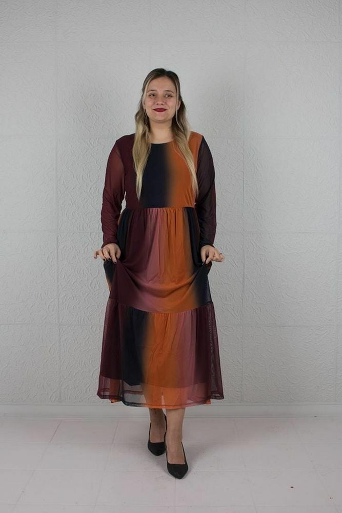 Büyük Beden Tül Kol Içi Astarlı Şifon Elbise Renkli El609