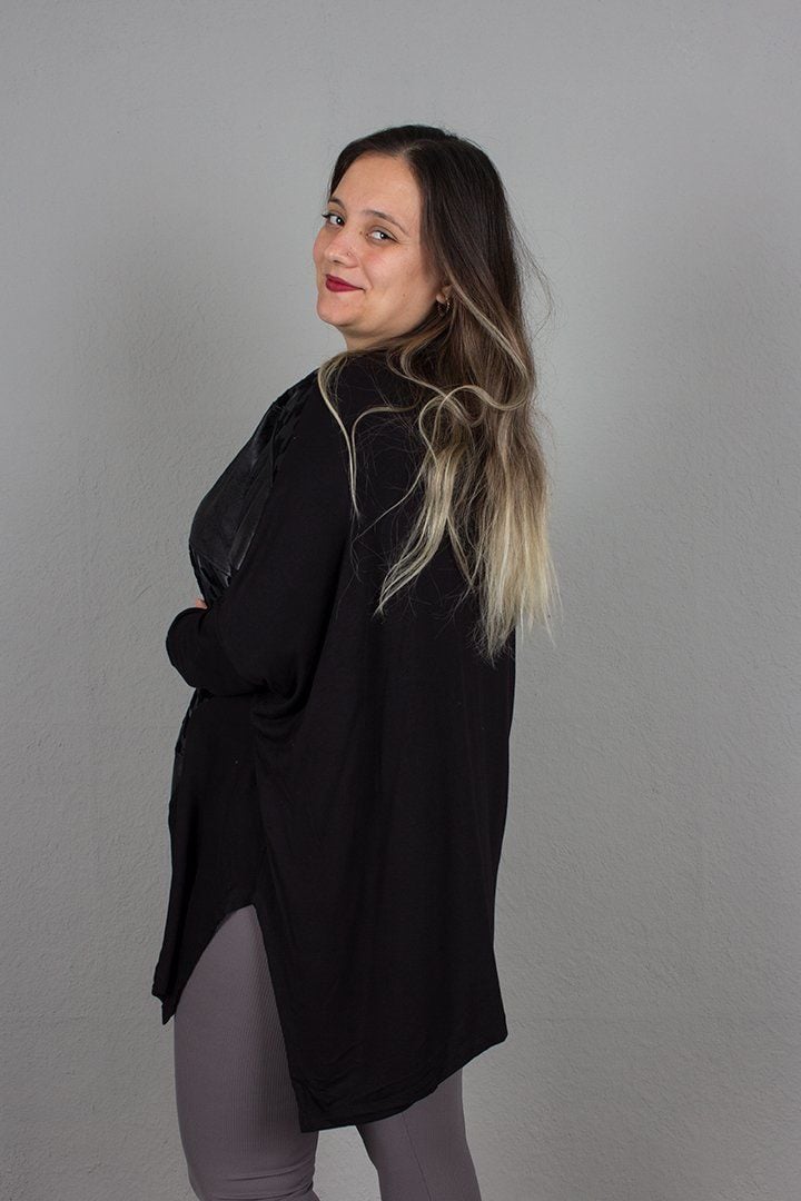 Büyük Beden Kazayağı Desenli Derili Salaş Bluz