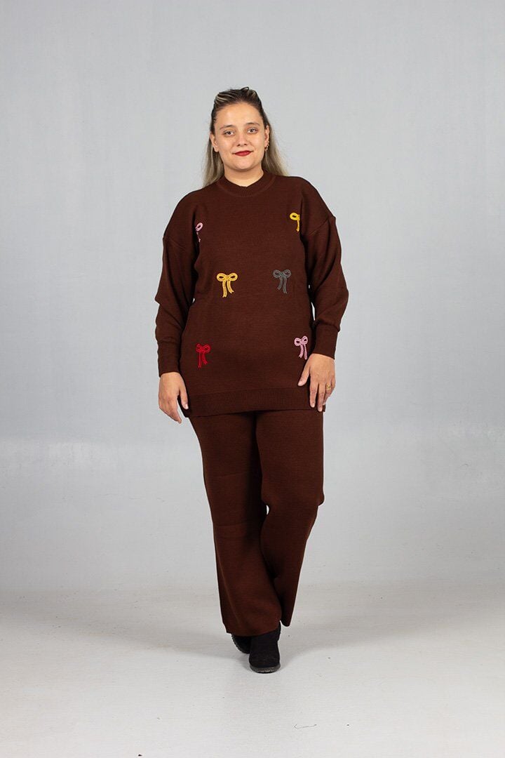 Kahverengi Triko Pantolon Kazak Takım